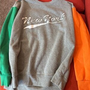 FOREVER 21, NEW YORK gray Sweater with Green and Orange Sleeves